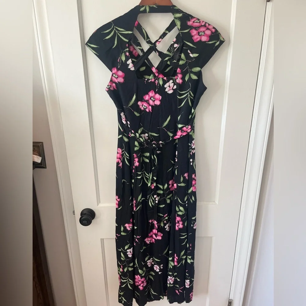 VTG 90S DRESSBARN moody pink Floral Black button dress cross back sz 8 50s 60s - Picture 6 of 11